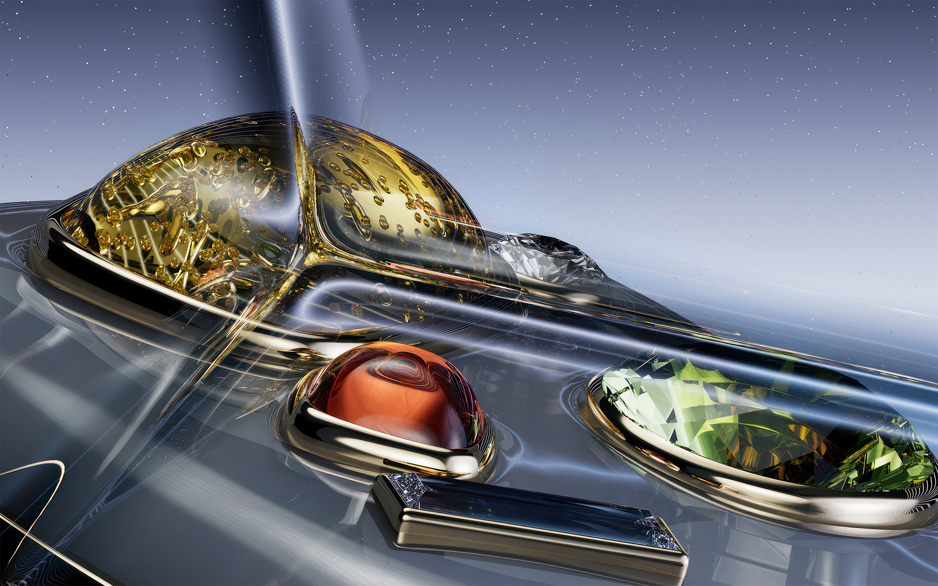 Abstract CGI image featuring various reflective gem-like objects and shapes with metallic accents against a starry background and soft light rays.
