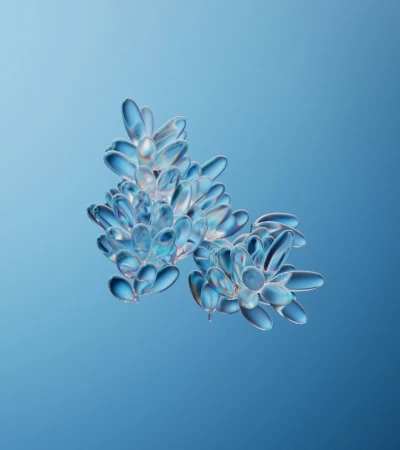 Close-up of translucent structures resembling blue crystals clustered on a softly graduated light blue background, showcasing intricate detail.