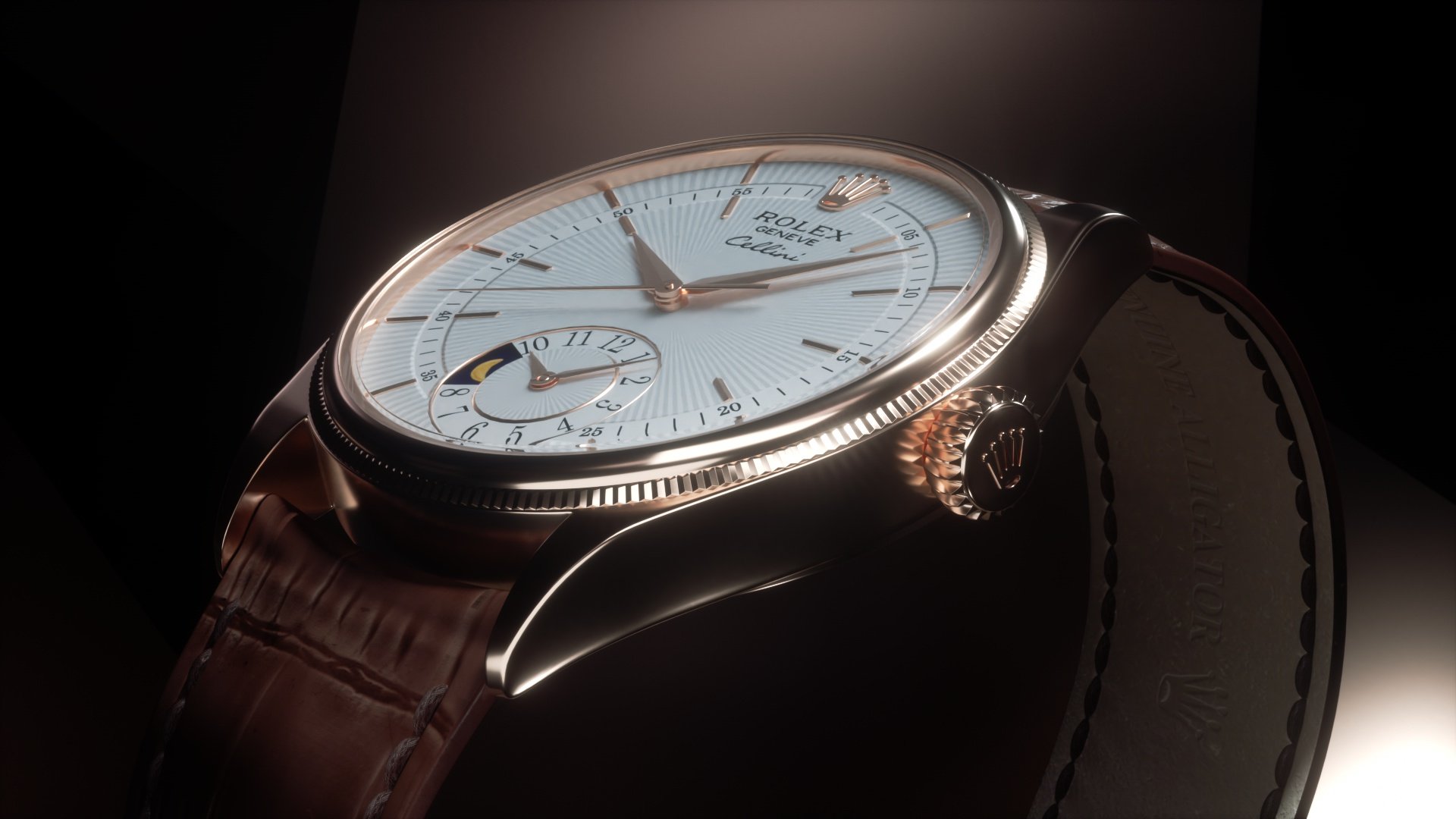 Close-up of a luxurious Rolex Cellini watch featuring a white patterned face, gold hands, and a brown leather strap on a dark backdrop.