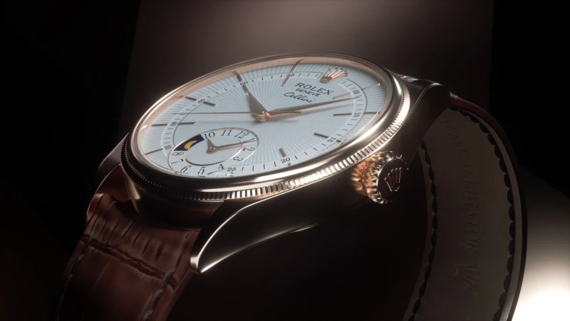 Close-up of a luxurious Rolex Cellini watch featuring a white patterned face, gold hands, and a brown leather strap on a dark backdrop.