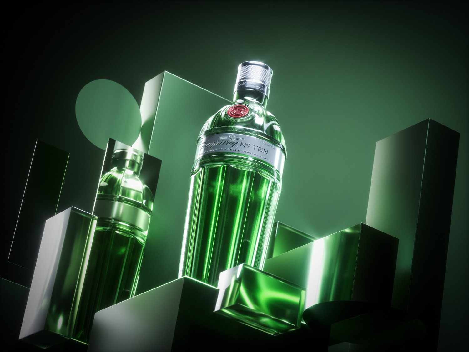 High-angle studio shot of two illuminated gin bottles amongst geometric shapes, creating a visually striking product display.