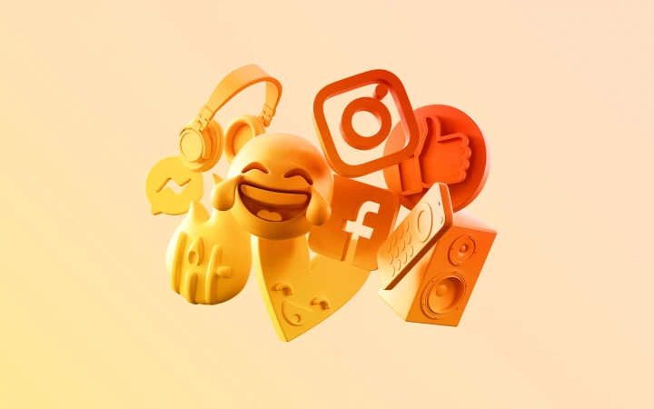 Yellow 3D render of social media icons, including Instagram, Facebook, Messenger, a thumbs up, headphones, speaker and a smartphone.