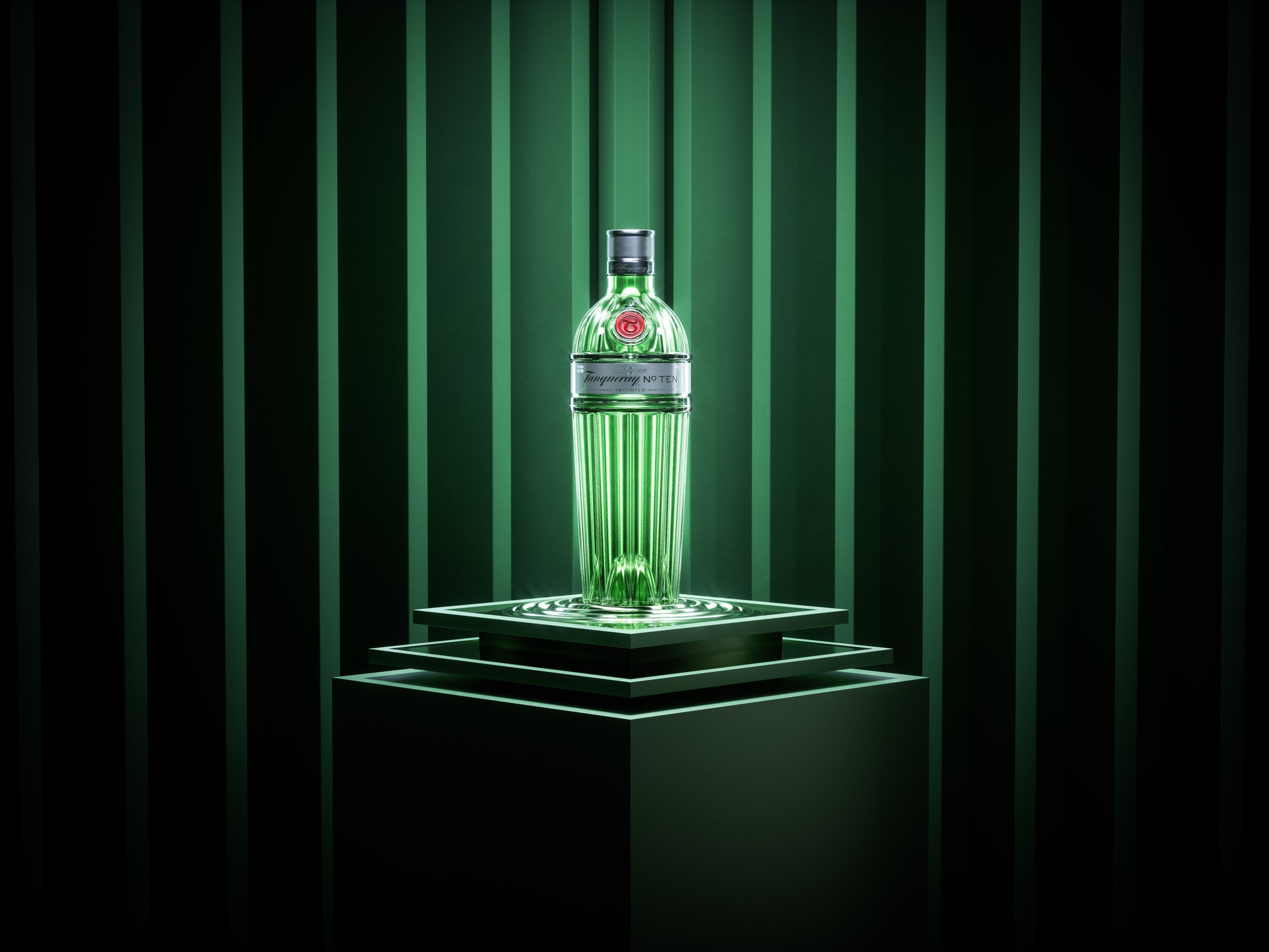 A luminous green bottle of gin sits atop a tiered display, illuminated against a backdrop of dark green vertical stripes.