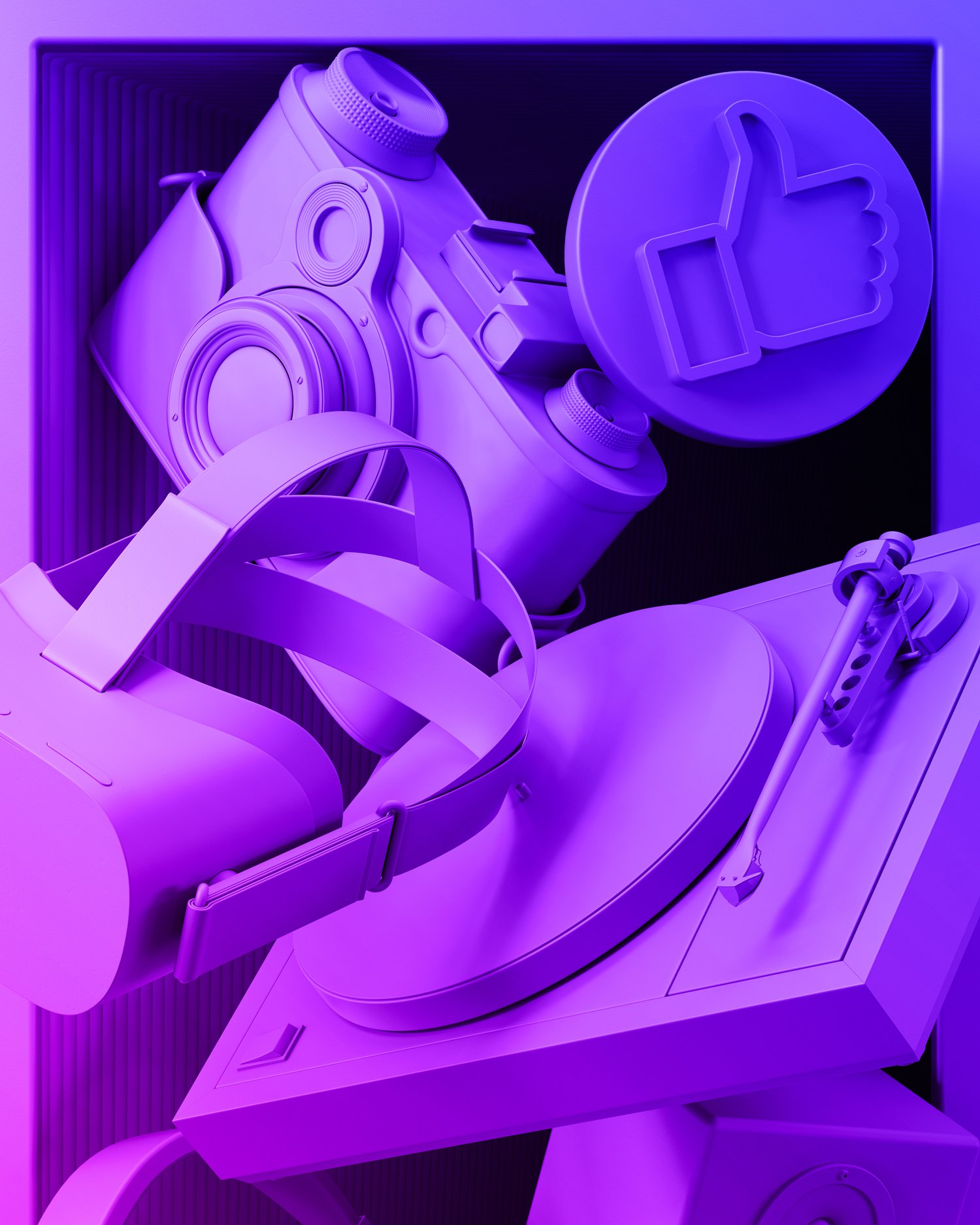 Abstract purple studio shot of camera, headphones, turntable, and thumbs-up icon arranged in a playful composition.