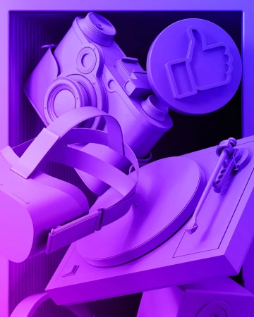 Abstract purple studio shot of camera, headphones, turntable, and thumbs-up icon arranged in a playful composition.