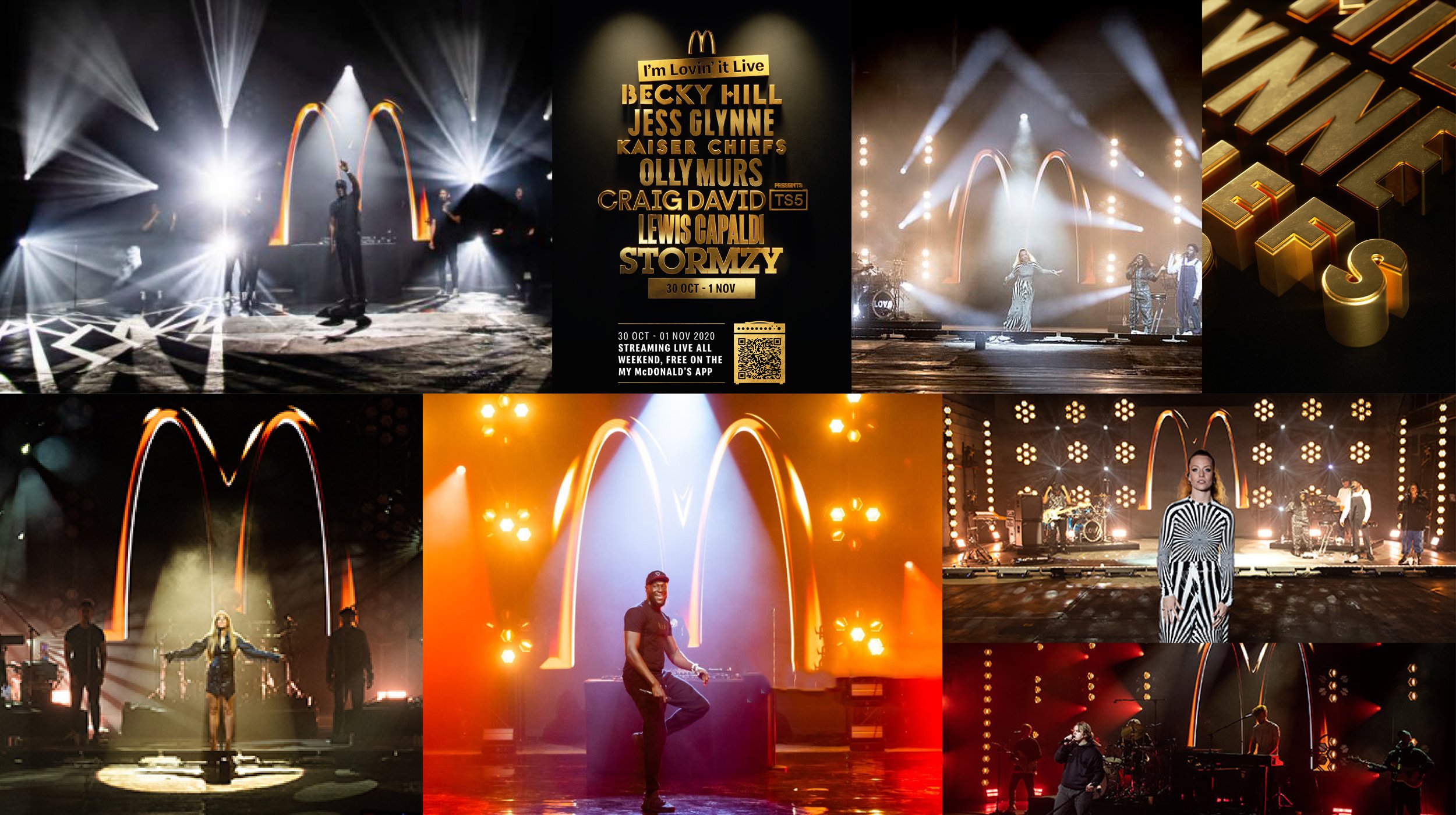 Multiple stage performances featuring musicians and the McDonald's logo under bright spotlights, part of a live music event.