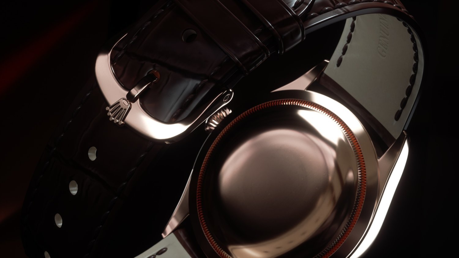 Closeup of a luxury wristwatch with a brown leather strap and rose gold detailing against a dark background, emphasizing its craftsmanship.