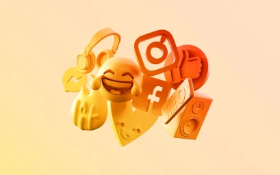 A collection of 3D rendered social media icons and emojis in orange and yellow floating against a soft gradient background.