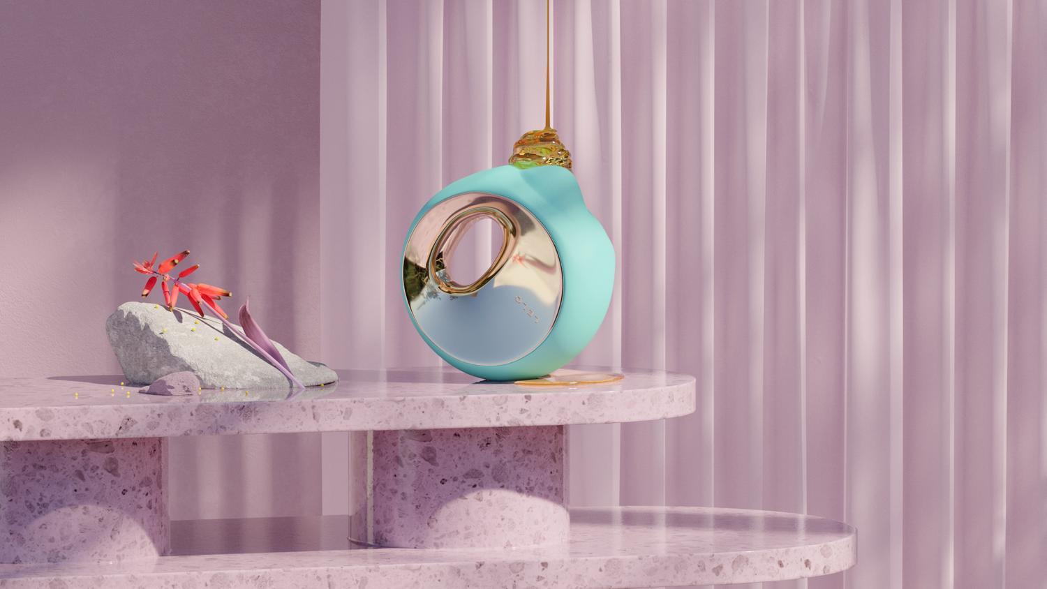 Product shot of a light-aqua cosmetic bottle with gold accents on a tiered pink terrazzo table with honey dripping on top.