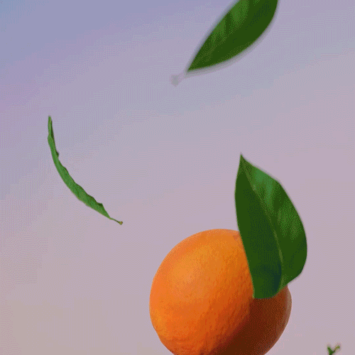 Eye-level close-up shot of a vibrant orange with leaves against a pale purple background, creating a fresh and clean aesthetic.