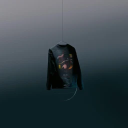 A dark sweatshirt hangs suspended on a minimalist metal ring against a moody, gradient background with soft studio lighting.