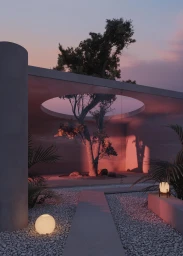 Modern architectural courtyard at sunset with a central tree growing through a circular opening in the concrete roof.