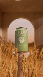 Green beverage can centered on a stone pillar amidst a wheat field against an arched opening at sunset