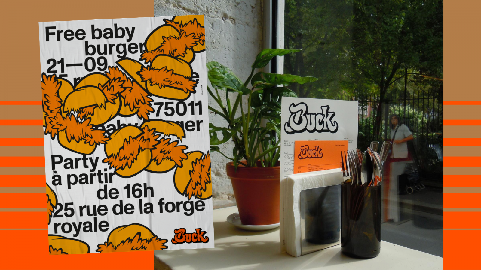 View of posters advertising 'Free baby burger' and 'Buck', juxtaposed with a potted plant, cutlery, and street scene outside a window.