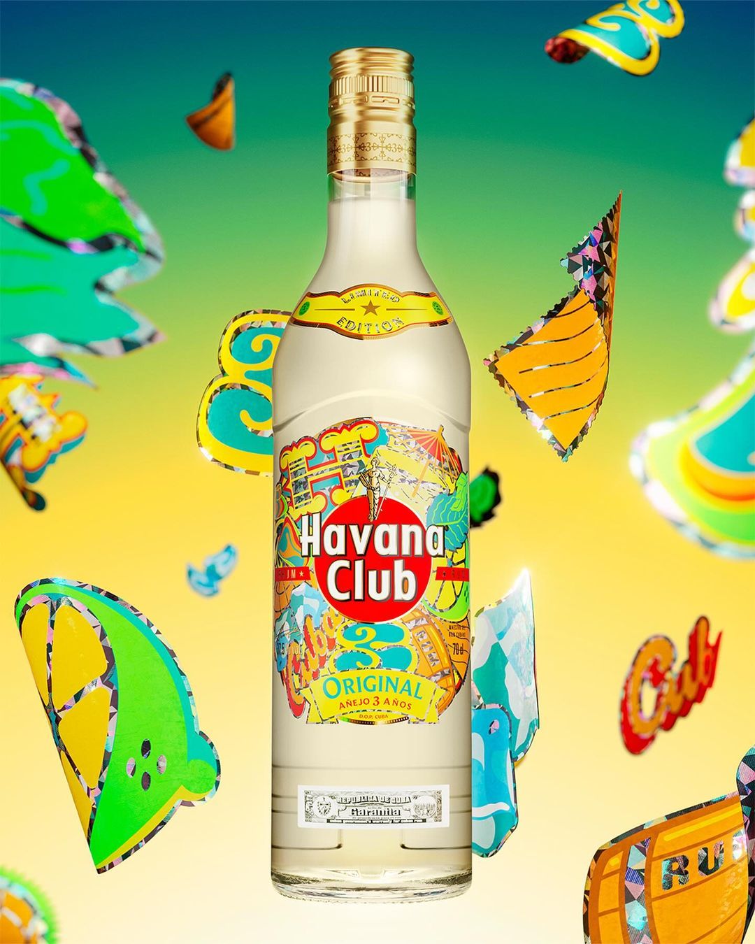 Havana Club rum bottle stands in a colorful product shot with lemon slices and graphic elements, promoting a bright, summery aesthetic.