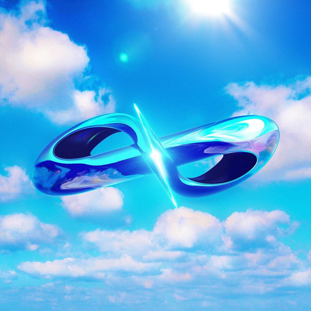 Shiny blue infinity loop sculpture hovers in a blue sky with fluffy clouds and bright sunlight. Digital art.