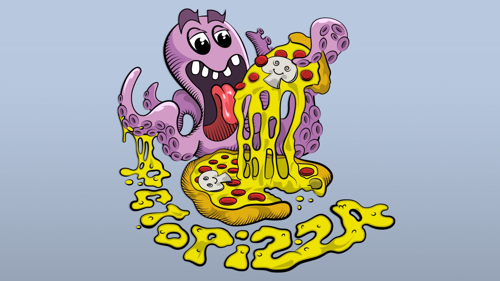 Cartoon illustration of a pink octopus monster with open mouth, long tongue, and pizza slices dripping with yellow sauce on blue background.