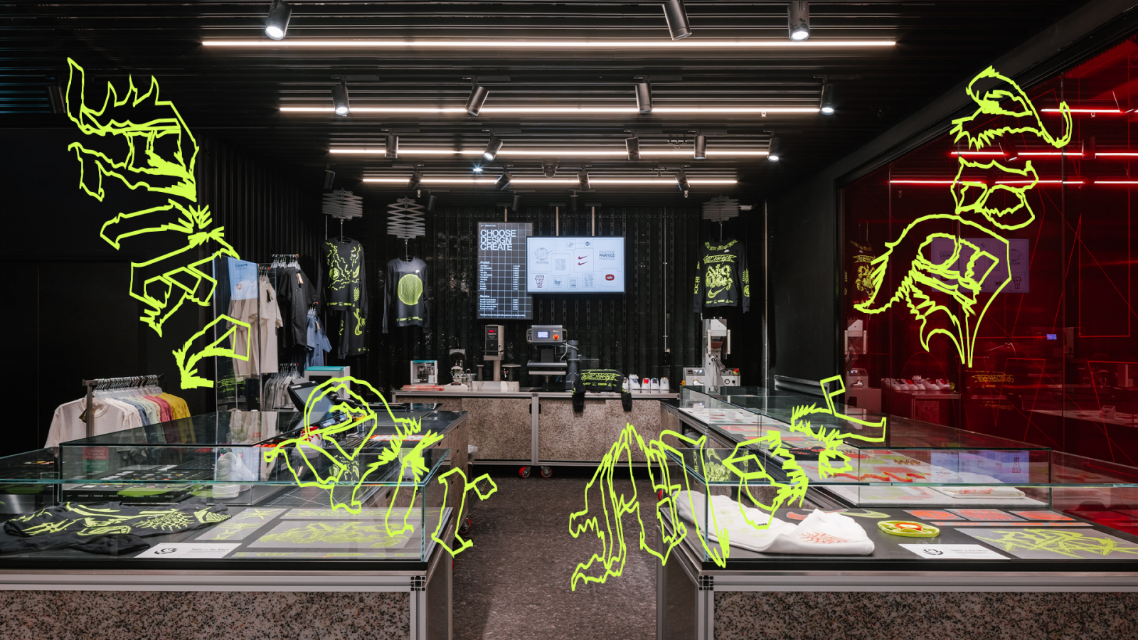 Interior view of a modern apparel store with sleek displays, neon art accents, and a curated clothing collection. 