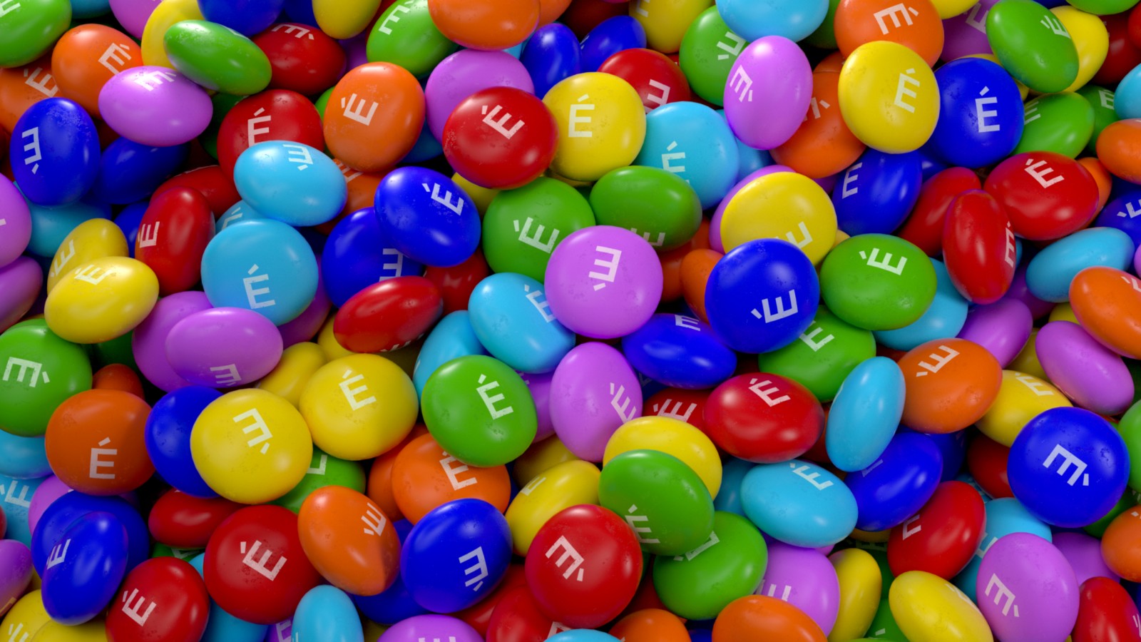Vibrant, colorful candy-coated chocolates featuring the letter 'E' in various hues including red, blue, green, orange, yellow, and pink.