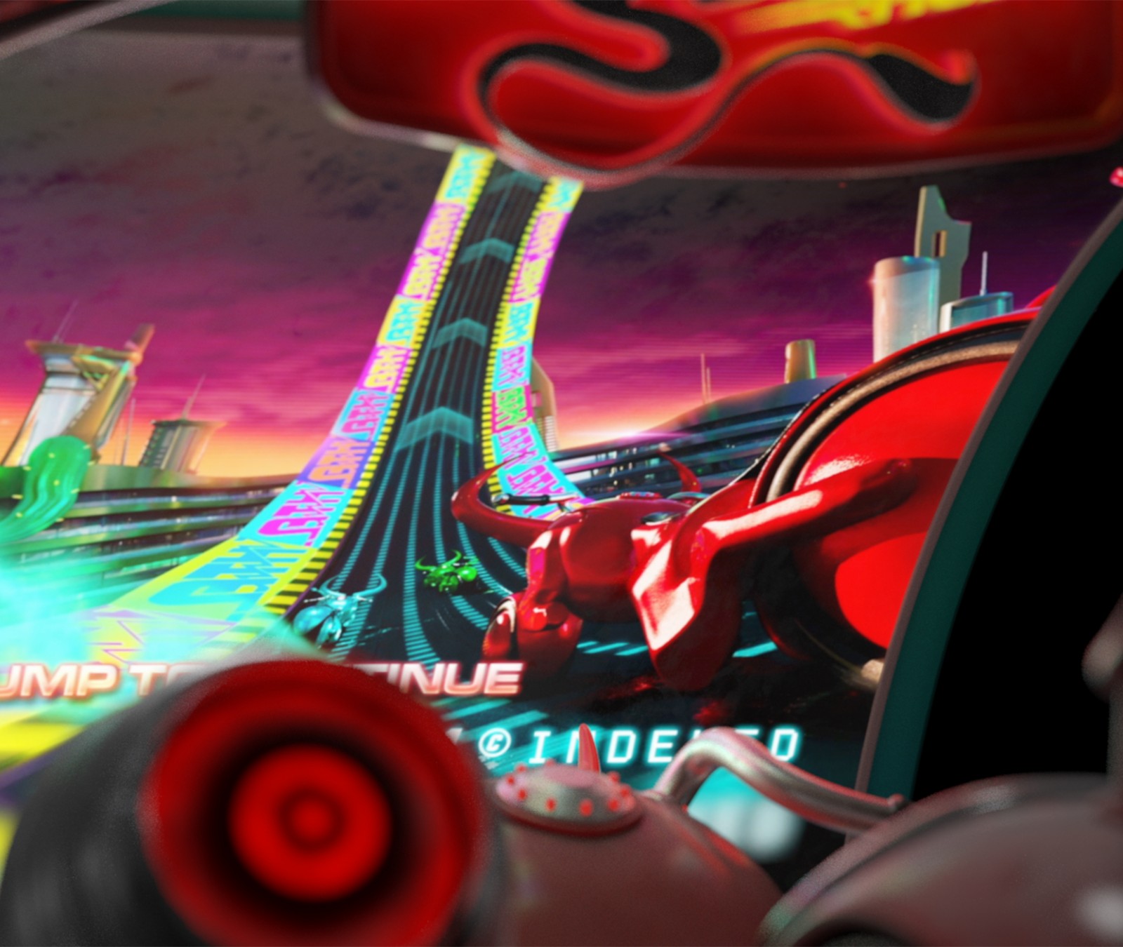 Retro arcade racing game view featuring a vibrant race track, city skyline, and an immersive red cockpit perspective.