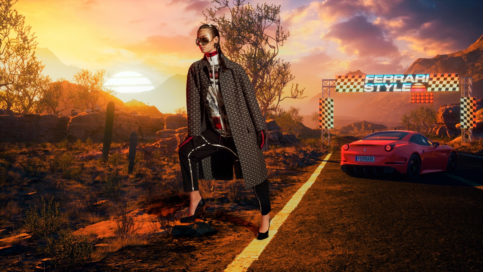 Fashion model posing near a Ferrari sports car on a desert road at sunset, wearing a patterned trench coat and sunglasses.