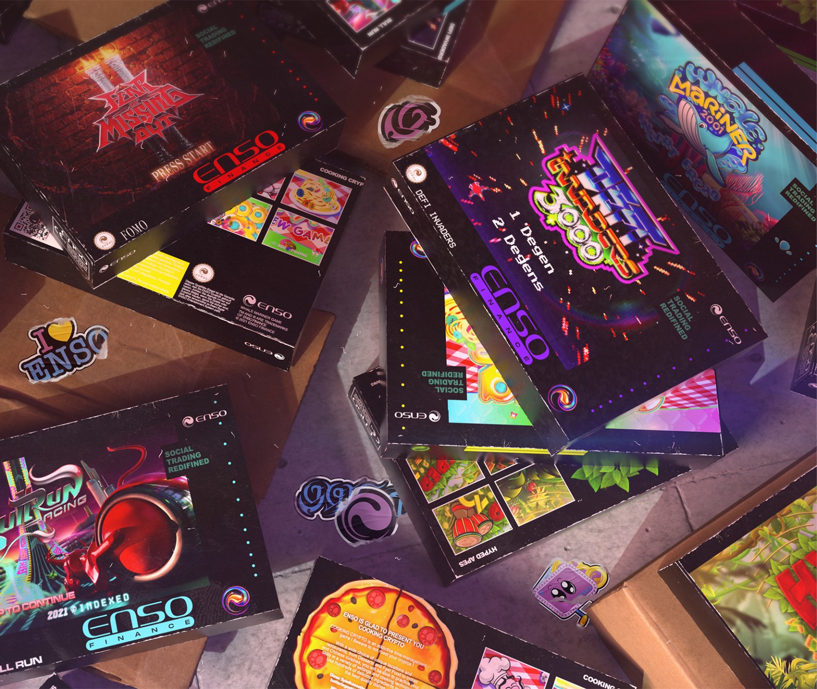 Multiple game boxes with bright designs are scattered on a surface, creating a vibrant and playful display of gaming-themed art.