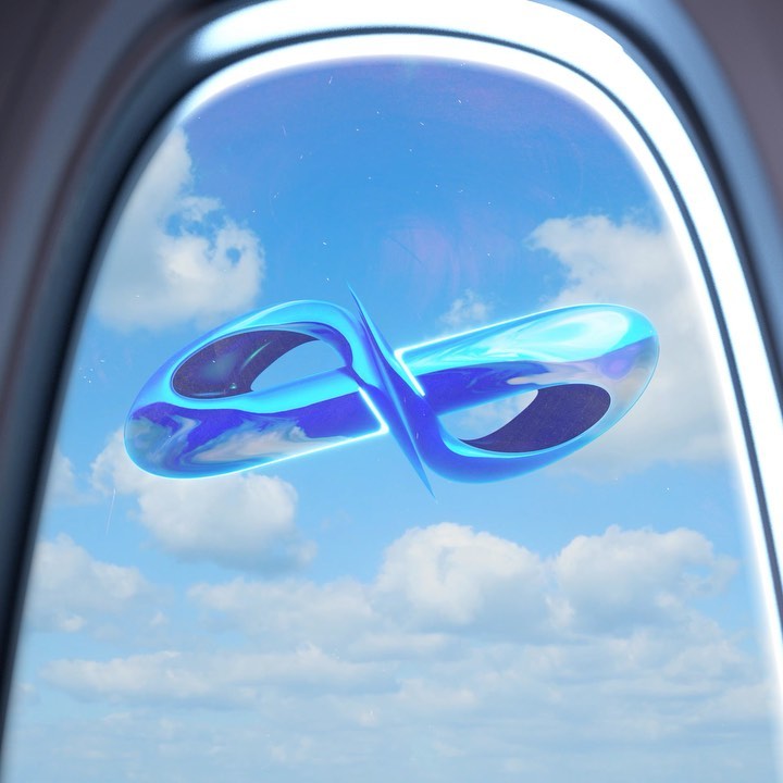 Abstract blue infinity shape floats against a bright blue sky with scattered clouds, viewed through an arched window or portal.
