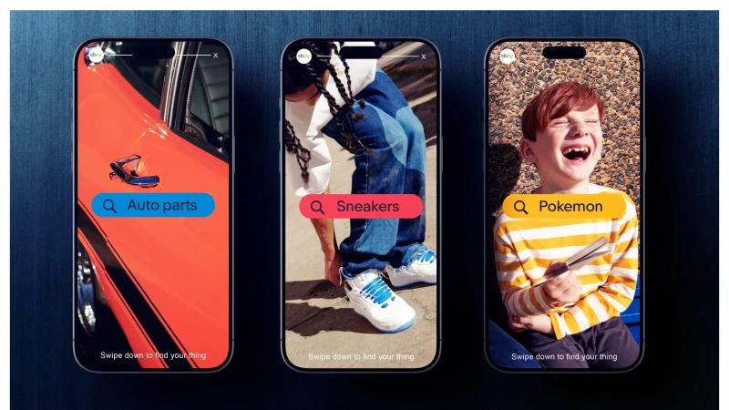 Three smartphones display auto parts, sneakers, and Pokemon searches on eBay. Each phone features a different product image.