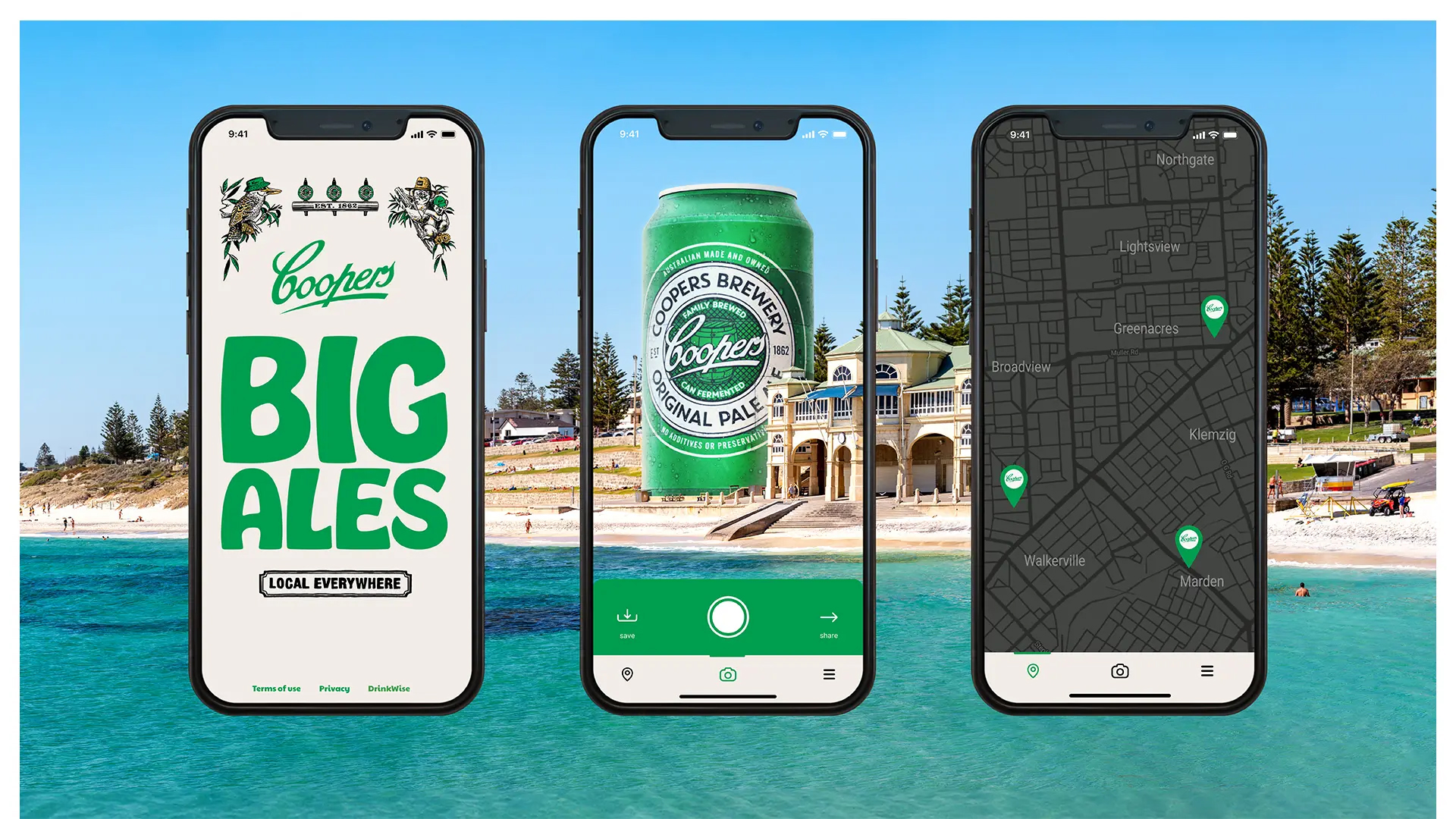 Three smartphones display Cooper's Brewery advertising against a beach backdrop. One features a beer can, another a map, and the third text.