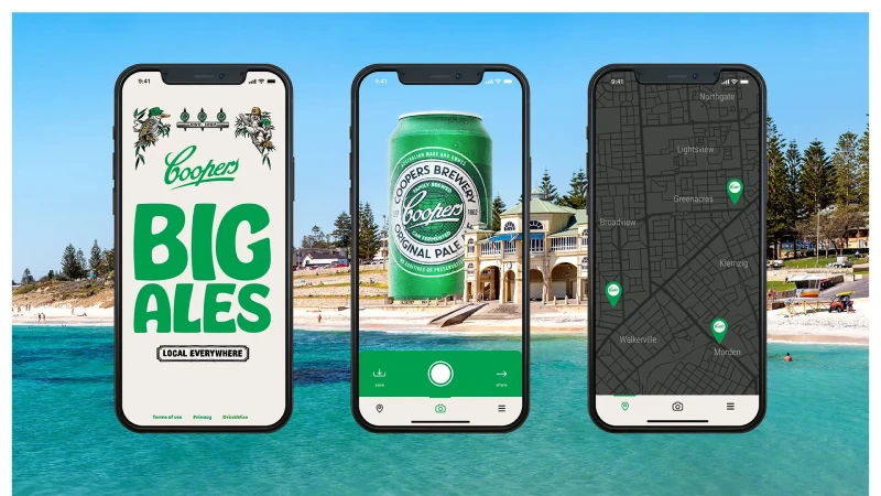 Three smartphones display Cooper's Brewery advertising against a beach backdrop. One features a beer can, another a map, and the third text.