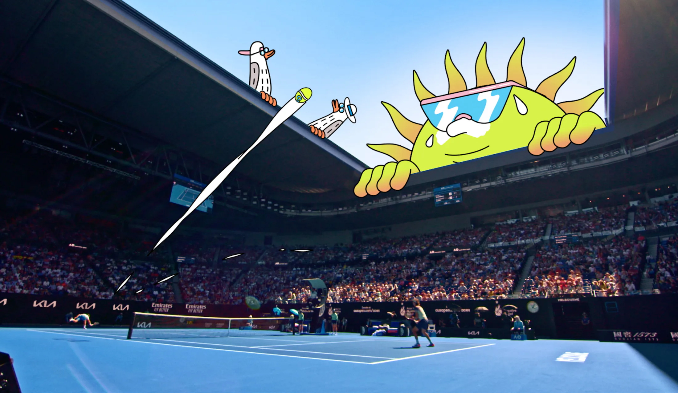 Tennis match in an outdoor stadium featuring cartoon sun and cartoon birds; tennis players compete on the blue court; spectators are blurred.