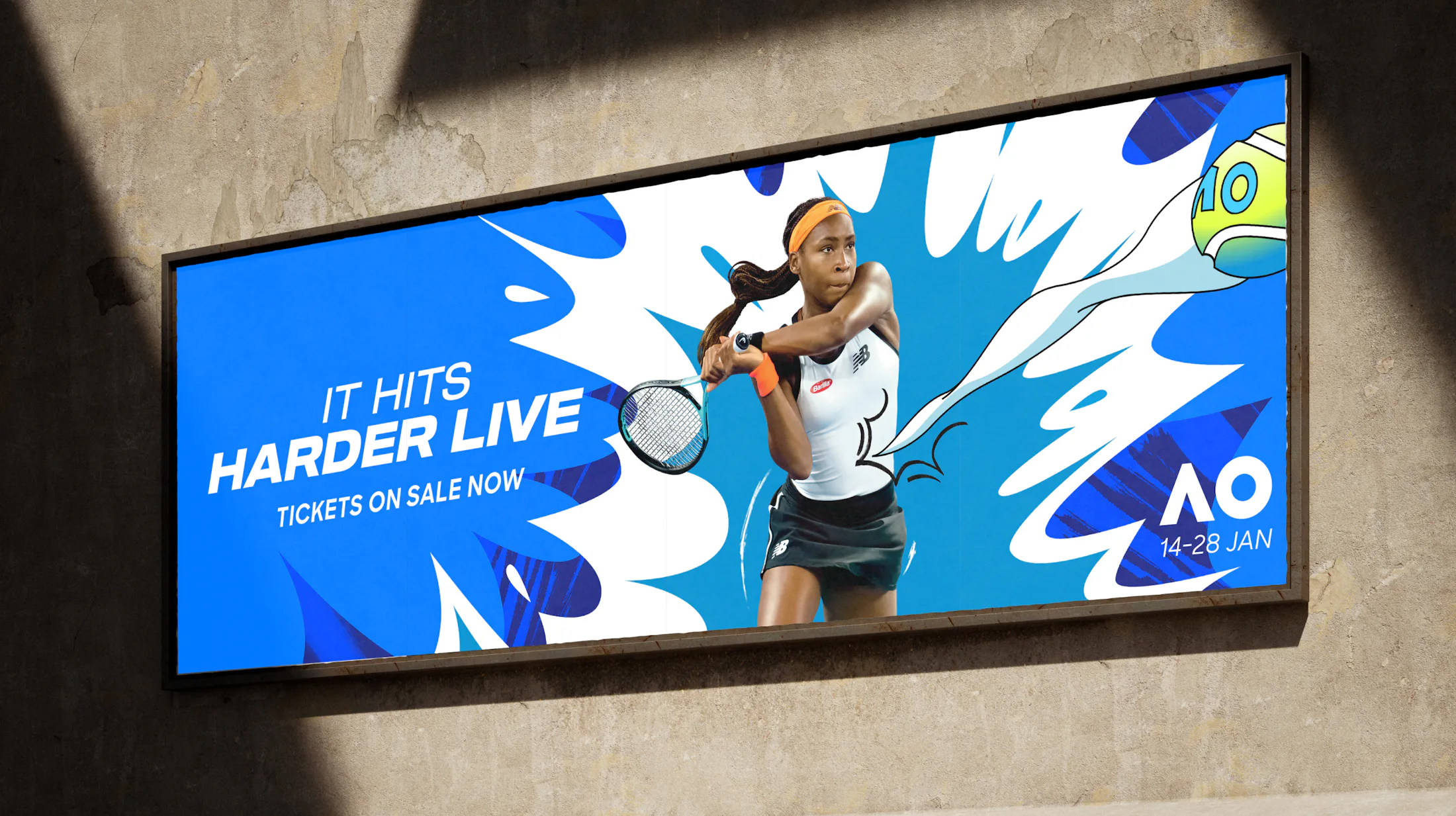 Female tennis player featured on a blue and white billboard for the Australian Open 2024, promoting ticket sales on a grey textured wall.