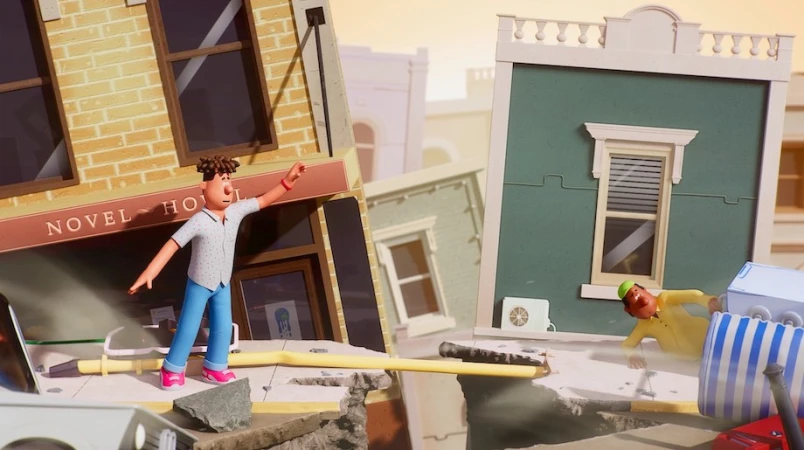 Animated scene of a man in blue pants balancing on a crack in the ground with other figures in an urban area with tilted buildings.