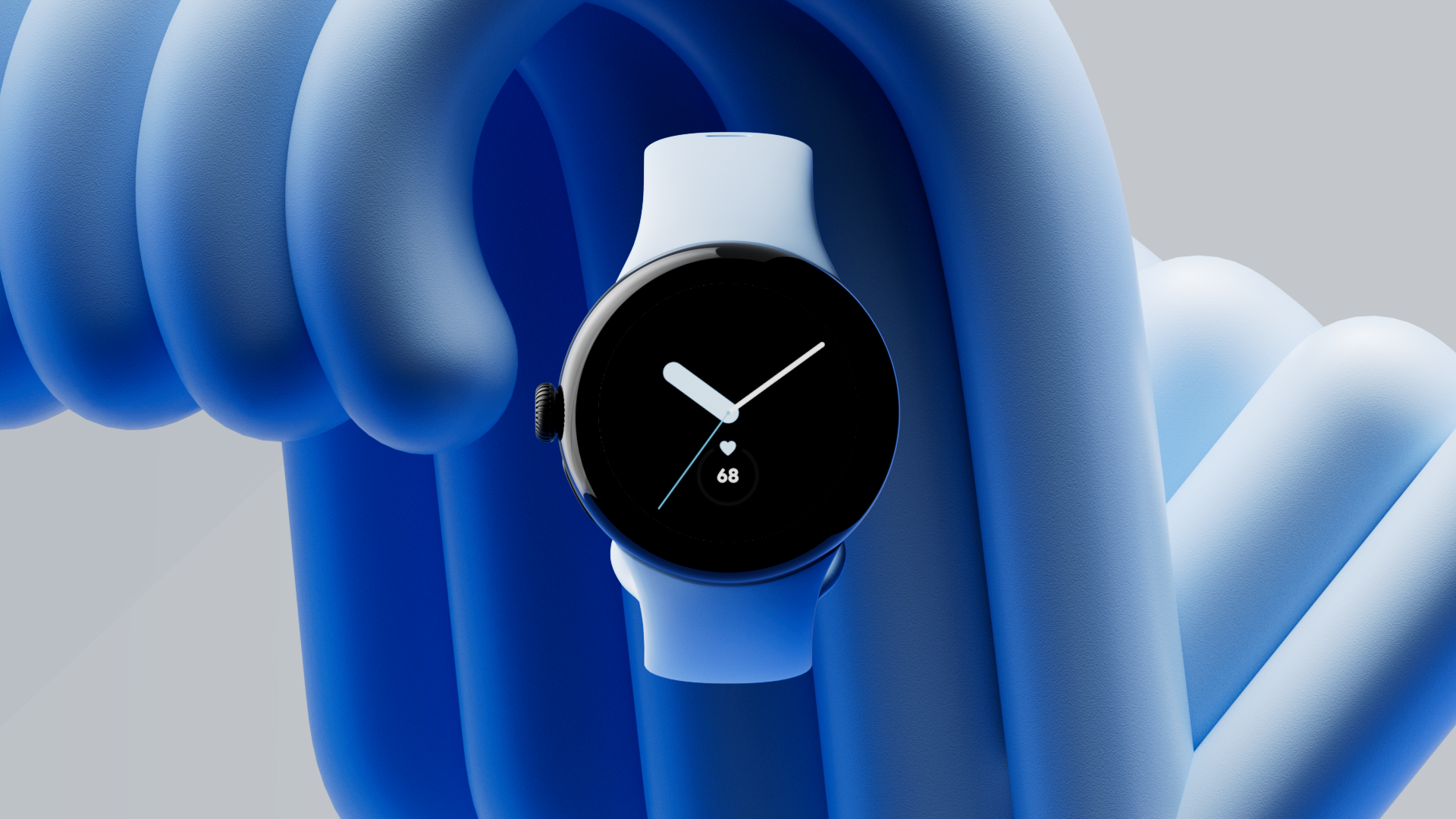 Close-up of a smart watch with a black screen and a blue band, surrounded by a blue coiled object against a gradient gray background.