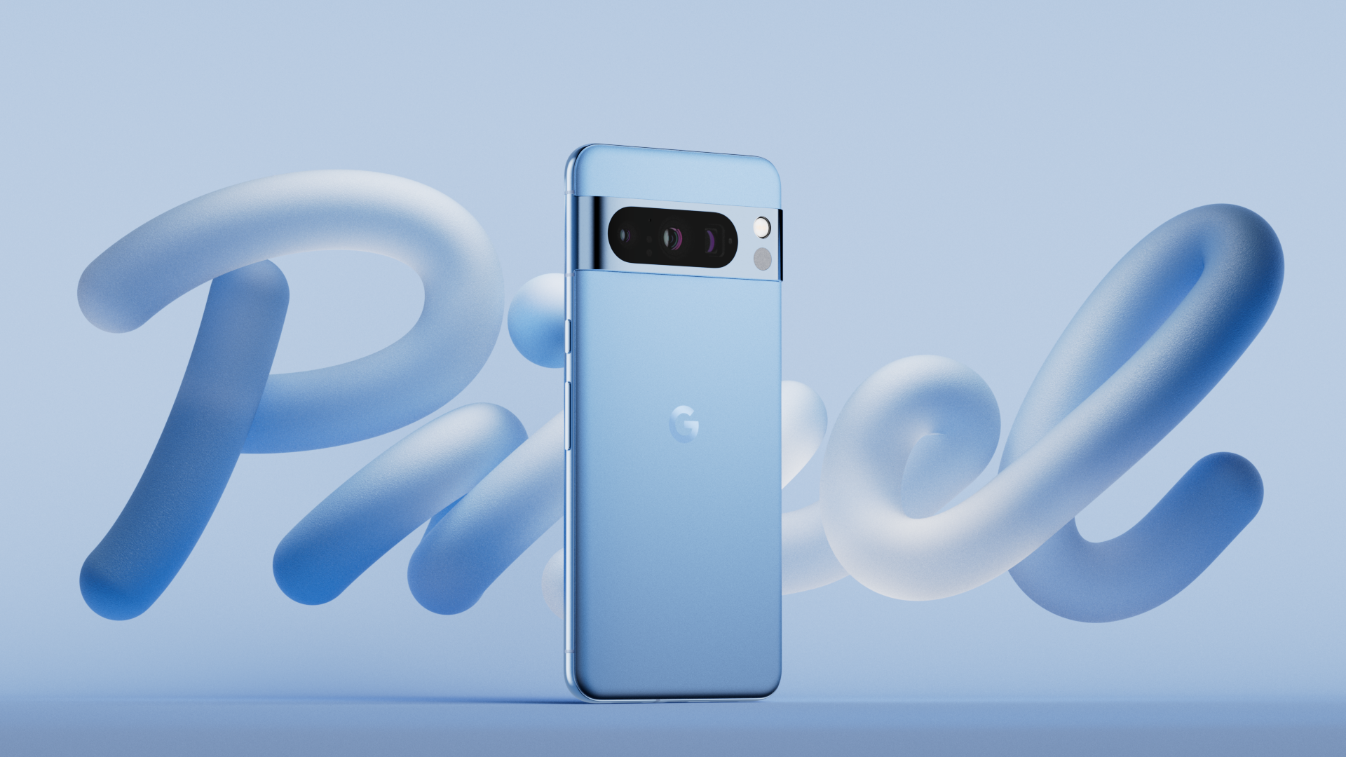 Light blue smartphone stands against a matching gradient backdrop, featuring abstract design elements and focus on the phone's camera.