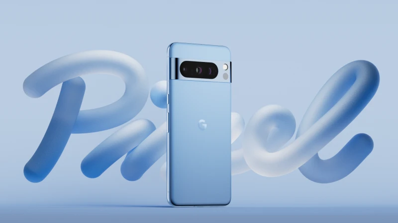 Light blue smartphone stands against a matching gradient backdrop, featuring abstract design elements and focus on the phone's camera.