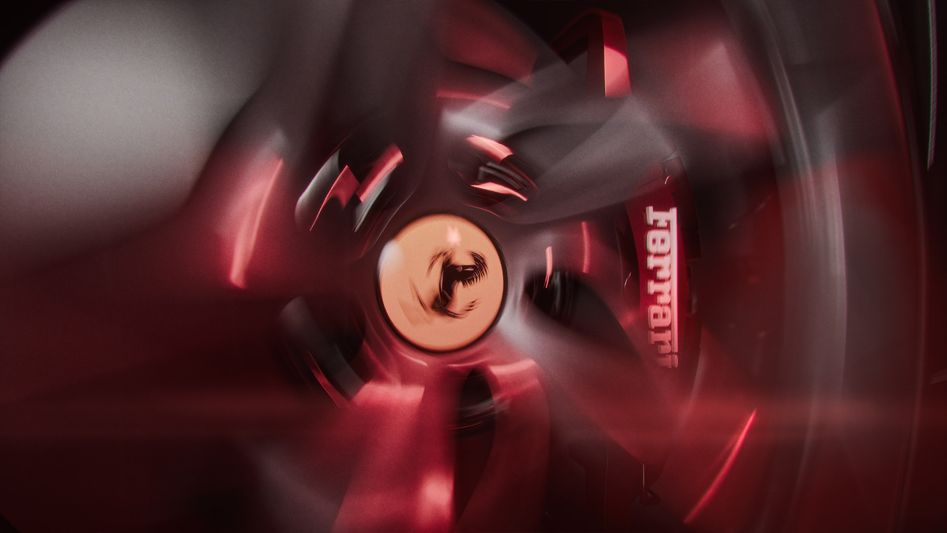 Close-up view of a Ferrari wheel with the logo prominently displayed, accented by a dynamic red and black color scheme with lens flares.