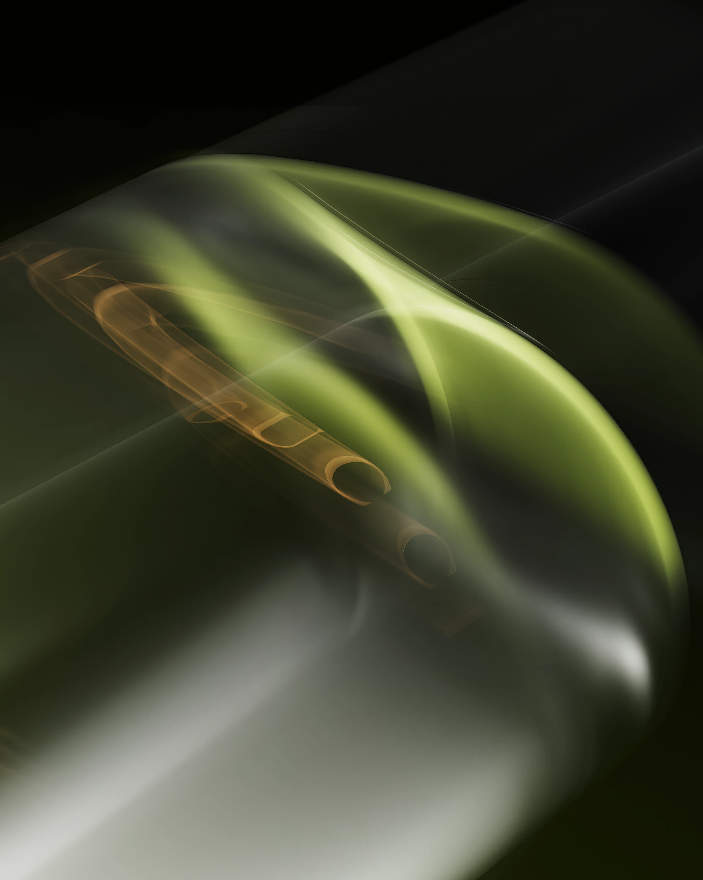 Abstract blurred motion of green and brown light trails against a dark background, creating a dynamic and ethereal visual effect.