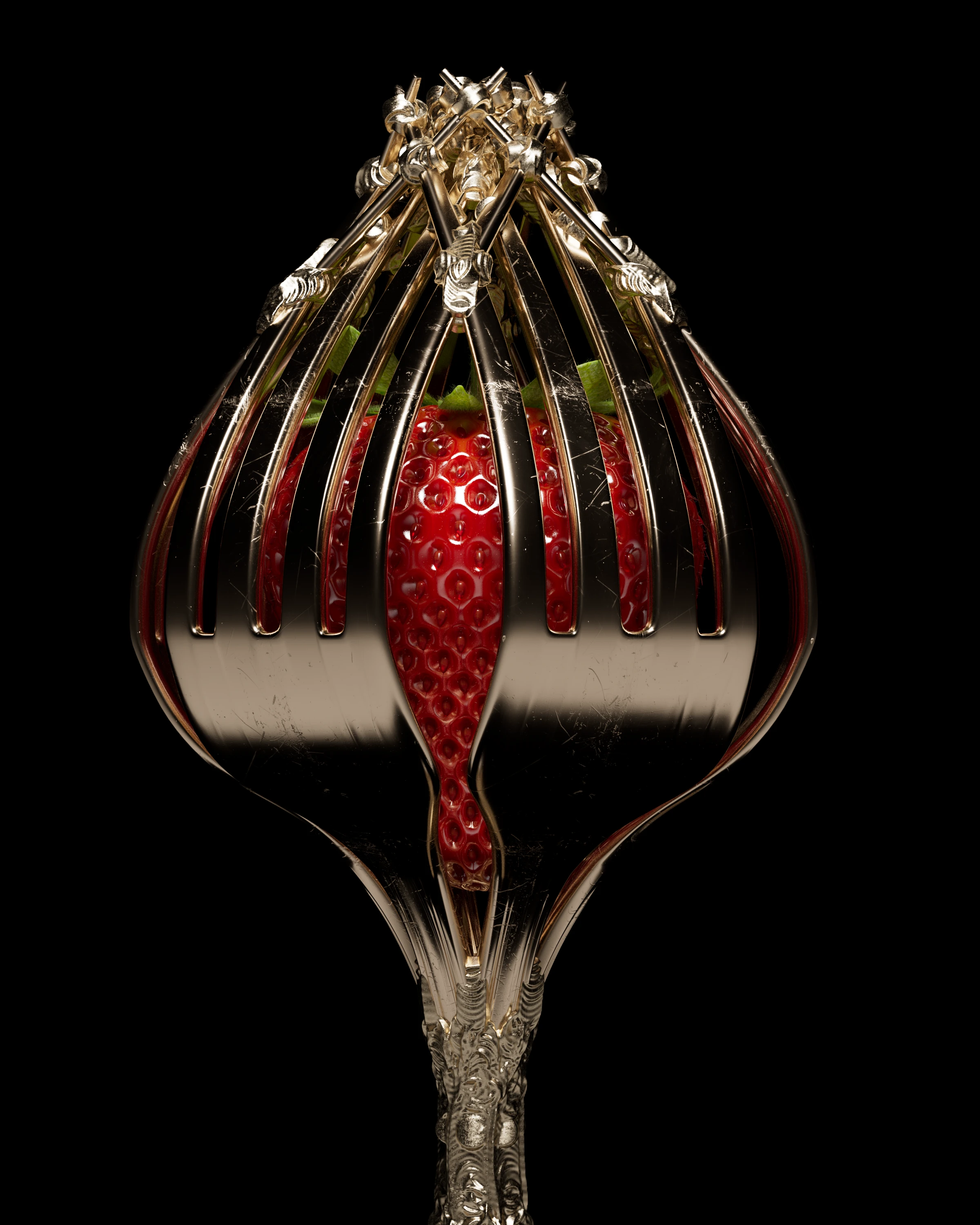 A close-up studio shot displays a ripe strawberry encased in an ornate cage crafted from vintage silver forks against a black backdrop.