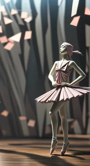 AI-generated ballerina sculpture stands in dance pose on wood floor with pink tutu and matching wrap, against a draped backdrop.