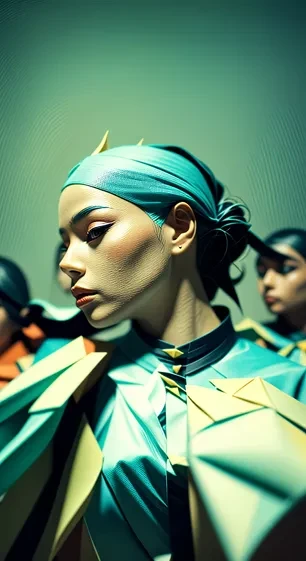 Group of women with unique headwear and structural garments, green lighting, medium shot, fashion-forward aesthetic, and studio setting.
