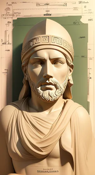 Close-up of a light-beige stone sculpture featuring a man with a beard, wearing a patterned helmet and draped clothing, indoors.