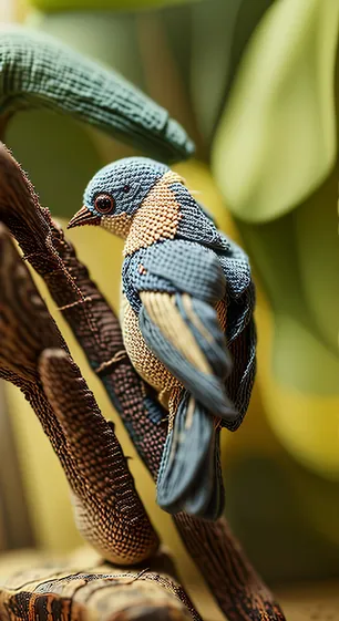 Close-up of a crafted blue and tan bird figurine perched on a brown branch against a blurred green and yellow background.