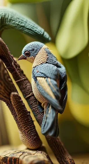 Close-up of a crafted blue and tan bird figurine perched on a brown branch against a blurred green and yellow background.