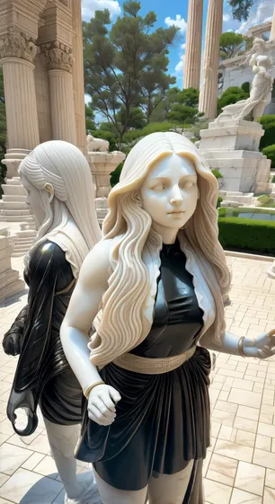 Two statues of women in an outdoor setting with marble columns, green trees, and blue skies in the background on a sunny day.