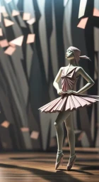 Stylized origami ballerina in a pink paper tutu standing on a wooden stage with abstract geometric backdrop by James Gerde.