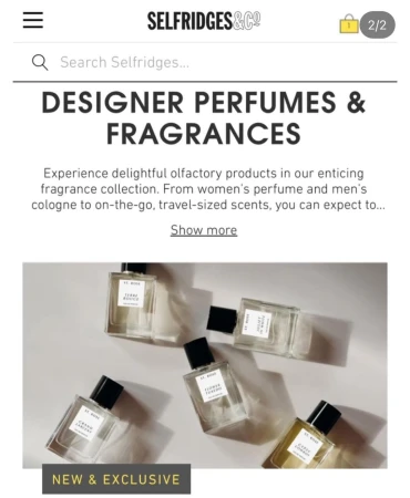 Five perfume bottles are arranged on a surface, advertising designer perfumes and fragrances available at Selfridges & Co.