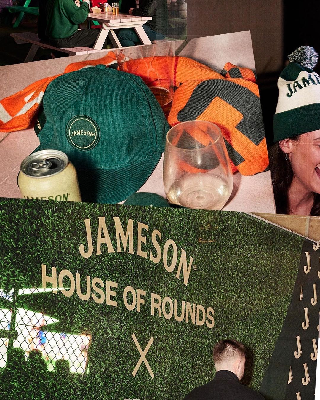 Indoor promotional shot with Jameson Irish Whiskey branding displayed on a grass-covered wall, canned beverages, hats and other branded items.