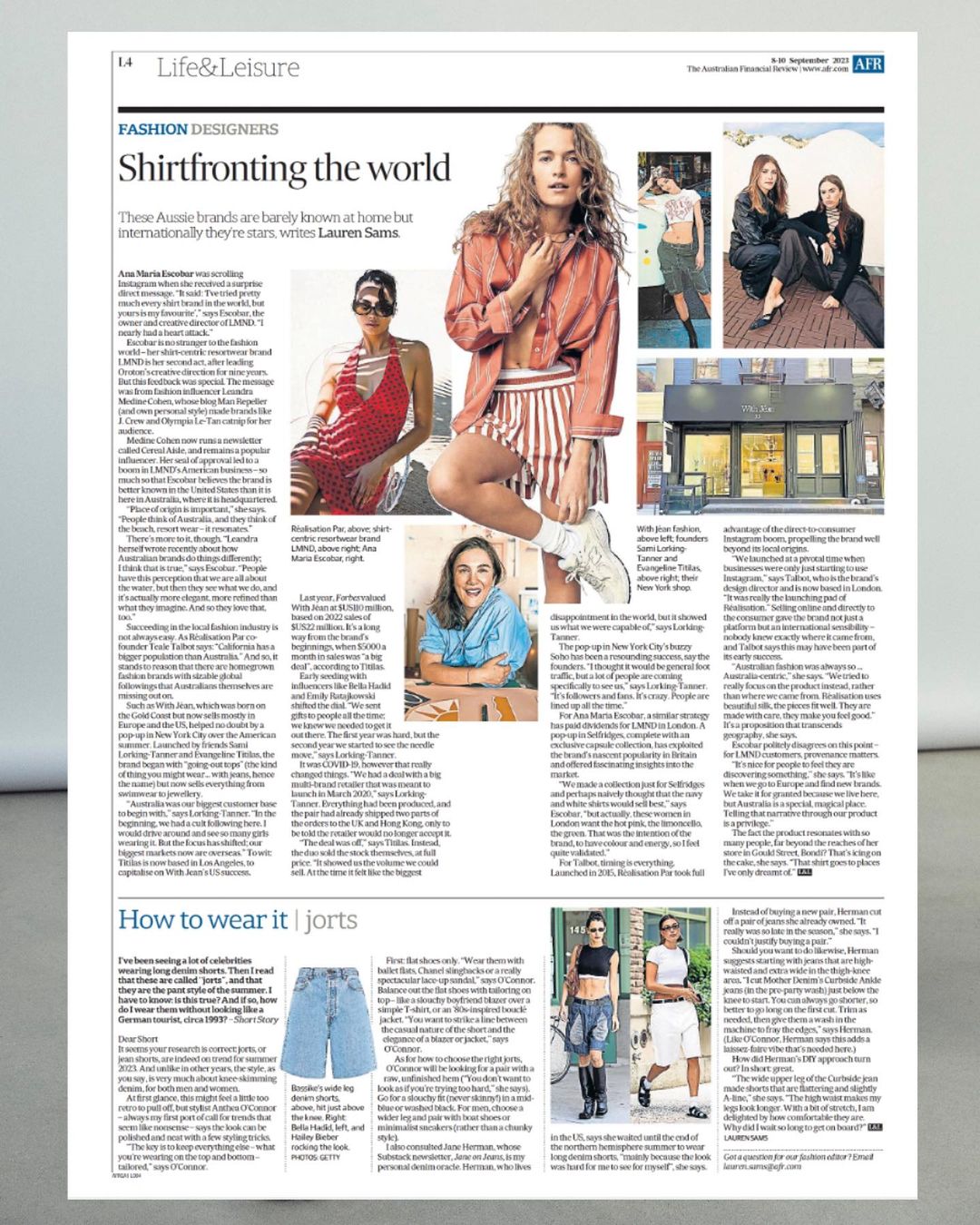 Fashion editorial featuring a model in a red top and striped shorts, alongside other fashion images and text excerpts from a magazine.