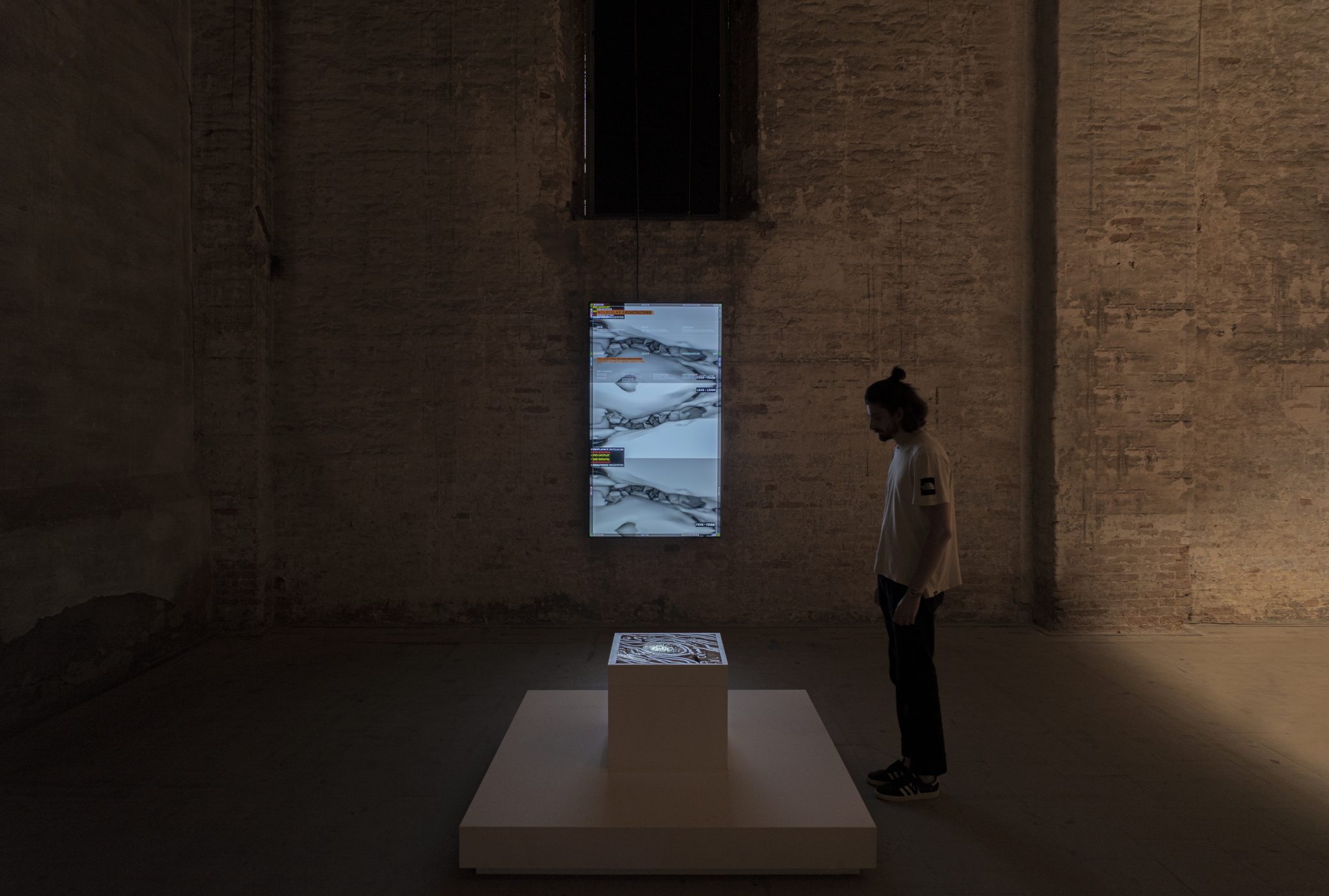 Man stands in dimly lit room examining an illuminated display on a pedestal and a hanging screen showing abstract imagery.